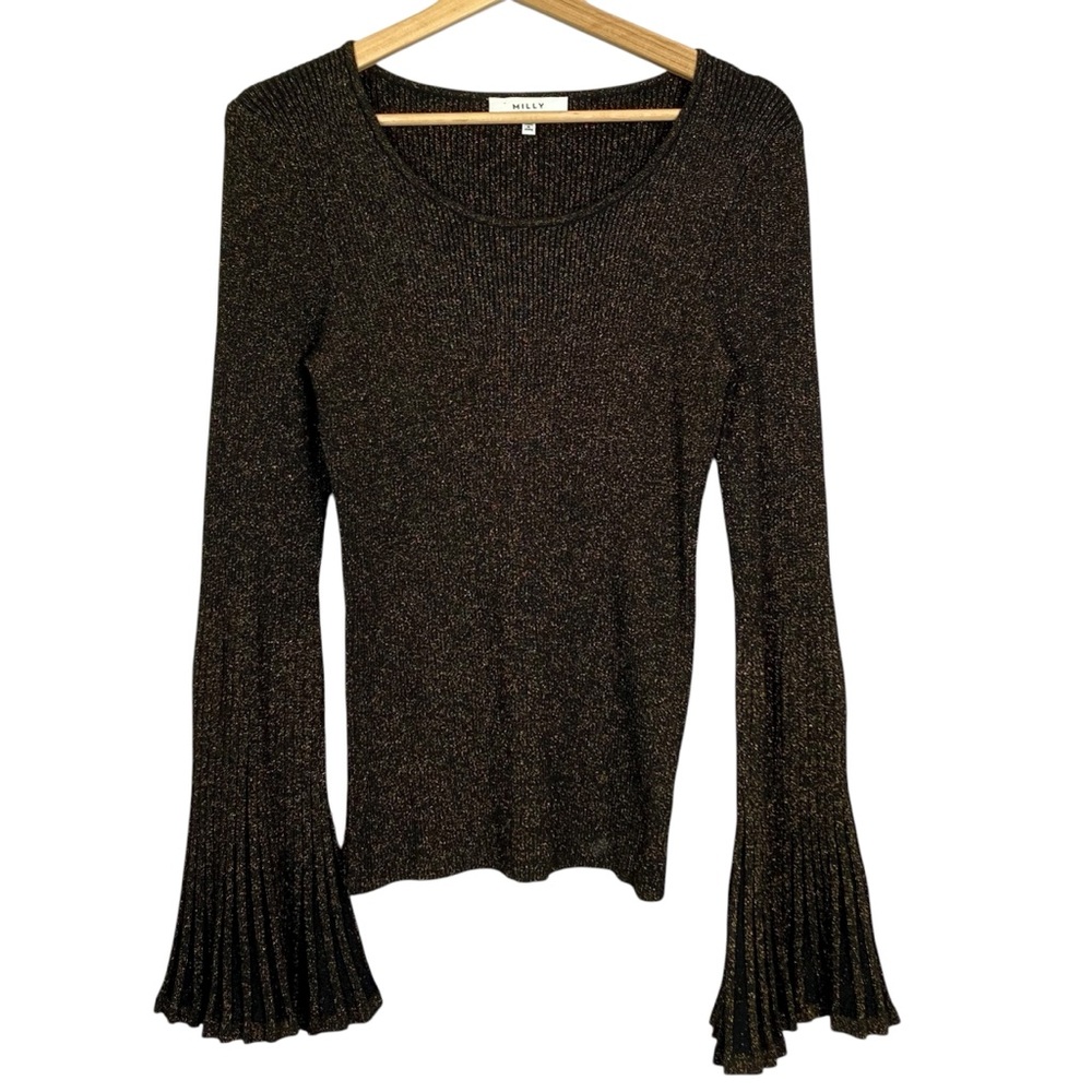 Milly Metallic rose gold Black Long Sleeve Top with flared sleeve